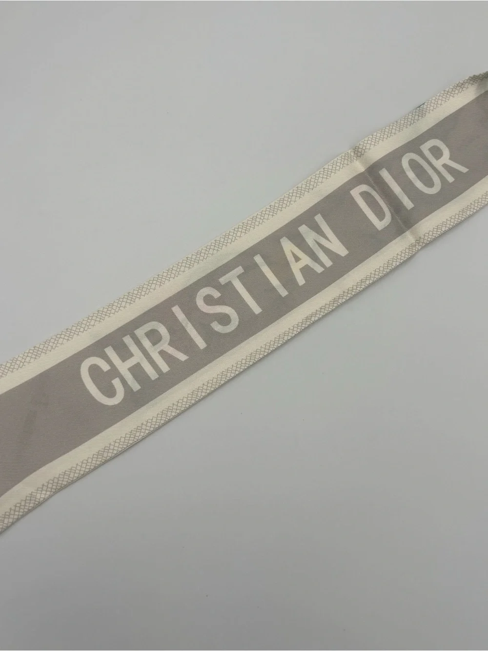 Christian Dior Mitzah Silk Scarf Floral White Gray Botanical Ribbon Twilly